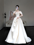 Classy Elegant A Line Off The Shoulder White Satin Long Wedding Dress Brides Dress HZ1121