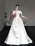 Classy Elegant A Line Off The Shoulder White Satin Long Wedding Dress Brides Dress HZ1121