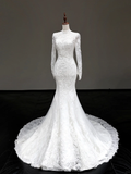 Vintage Mermaid High Neckline White Long Sleeves Lace Wedding Dress Elegant Brides Dress HZ1121