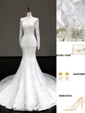 Vintage Mermaid High Neckline White Long Sleeves Lace Wedding Dress Elegant Brides Dress HZ1121
