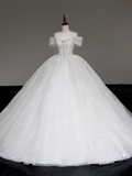 Luxury Ball Gown Wedding Dresses Off The Shoulder Short Sleeves Lace Wedding Dress With Train HZ1121