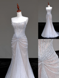 Gorgeous Mermaid Strapless Silver Gray Sequin Long Prom Dresses Graduation Dresses HZ1121