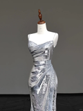 Gorgeous Mermaid Spaghetti Straps Silver Gray Sequin Long Prom Dresses Graduation Dresses HZ1121