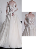 Unique Bridal Gown Ball Gown V Neckline Long Sleeves White Lace Wedding Dresses Bridal Gowns HZ1121