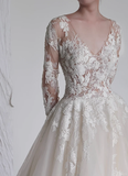 Unique Bridal Gown Ball Gown V Neckline Long Sleeves White Lace Wedding Dresses Bridal Gowns HZ1121