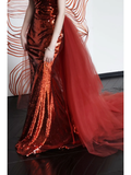 Gorgeous Mermaid Strapless Burgundy Sequin Long Prom Dresses Graduation Dresses HZ1121