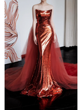 Gorgeous Mermaid Strapless Burgundy Sequin Long Prom Dresses Graduation Dresses HZ1121