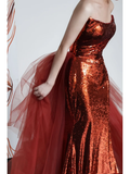 Gorgeous Mermaid Strapless Burgundy Sequin Long Prom Dresses Graduation Dresses HZ1121
