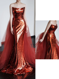 Gorgeous Mermaid Strapless Burgundy Sequin Long Prom Dresses Graduation Dresses HZ1121