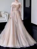 Gorgeous Ball Gown Off The Shoulder Champagne Tulle Long Prom Dresses Graduation Dresses HZ1121