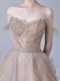 Gorgeous Ball Gown Off The Shoulder Champagne Tulle Long Prom Dresses Graduation Dresses HZ1121
