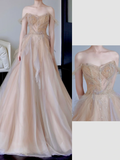 Gorgeous Ball Gown Off The Shoulder Champagne Tulle Long Prom Dresses Graduation Dresses HZ1121