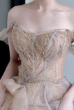 Gorgeous Ball Gown Off The Shoulder Champagne Tulle Long Prom Dresses Graduation Dresses HZ1121