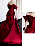 Gorgeous Mermaid Off The Shoulder Burgundy Satin Long Prom Dresses Graduation Dresses HZ1121