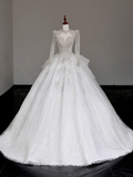 Unique Bridal Gown Ball Gown High Neckline Long Sleeves White Lace Wedding Dresses Bridal Gowns HZ1121
