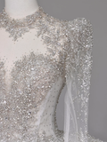 Unique Bridal Gown Ball Gown High Neckline Long Sleeves White Lace Wedding Dresses Bridal Gowns HZ1121