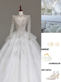 Unique Bridal Gown Ball Gown High Neckline Long Sleeves White Lace Wedding Dresses Bridal Gowns HZ1121