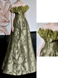 Gorgeous A line Strapless Green Satin Long Prom Dresses Graduation Dresses HZ1121