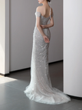 Gorgeous Mermaid Off The Shoulder Silver Gray Sequin Long Prom Dresses Graduation Dresses HZ1121