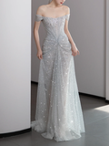Gorgeous Mermaid Off The Shoulder Silver Gray Sequin Long Prom Dresses Graduation Dresses HZ1121