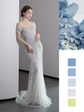 Gorgeous Mermaid Off The Shoulder Silver Gray Sequin Long Prom Dresses Graduation Dresses HZ1121
