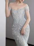 Gorgeous Mermaid Off The Shoulder Silver Gray Sequin Long Prom Dresses Graduation Dresses HZ1121