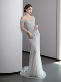 Gorgeous Mermaid Off The Shoulder Silver Gray Sequin Long Prom Dresses Graduation Dresses HZ1121