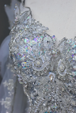 Classy Elegant Mermaid Off The Shoulder Sequin Blue Long Sleeves Wedding Dress Brides Dress HZ1121