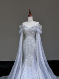 Classy Elegant Mermaid Off The Shoulder Sequin Blue Long Sleeves Wedding Dress Brides Dress HZ1121