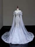 Classy Elegant Mermaid Off The Shoulder Sequin Blue Long Sleeves Wedding Dress Brides Dress HZ1121