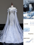 Classy Elegant Mermaid Off The Shoulder Sequin Blue Long Sleeves Wedding Dress Brides Dress HZ1121