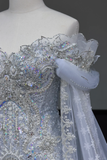 Classy Elegant Mermaid Off The Shoulder Sequin Blue Long Sleeves Wedding Dress Brides Dress HZ1121