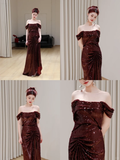 Gorgeous Mermaid Off The Shoulder Burgundy Sequin Long Prom Dresses Graduation Dresses HZ1121
