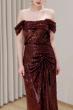 Gorgeous Mermaid Off The Shoulder Burgundy Sequin Long Prom Dresses Graduation Dresses HZ1121