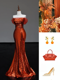 Gorgeous Mermaid Off The Shoulder Rust Red Sequin Long Prom Dresses Graduation Dresses HZ1121