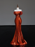 Gorgeous Mermaid Off The Shoulder Rust Red Sequin Long Prom Dresses Graduation Dresses HZ1121