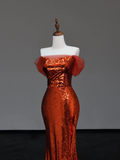 Gorgeous Mermaid Off The Shoulder Rust Red Sequin Long Prom Dresses Graduation Dresses HZ1121