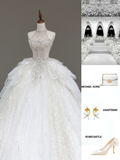 Unique Bridal Gown Ball Gown High Neckline Sleeveless White Sequin Wedding Dresses Bridal Gowns HZ1121