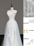 Unique Bridal Gown Mermaid Strapless White Satin Wedding Dresses Slit Bridal Gowns HZ1121