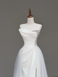 Unique Bridal Gown Mermaid Strapless White Satin Wedding Dresses Slit Bridal Gowns HZ1121