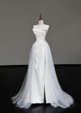 Unique Bridal Gown Mermaid Strapless White Satin Wedding Dresses Slit Bridal Gowns HZ1121