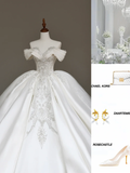 Classy Elegant Ball Gown Off The Shoulder Sequin White Short Sleeves Wedding Dress Brides Dress HZ1121