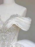 Classy Elegant Ball Gown Off The Shoulder Sequin White Short Sleeves Wedding Dress Brides Dress HZ1121