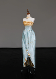 Gorgeous A Line Strapless Satin Blue Long Prom Dresses Graduation Dresses HZ1121