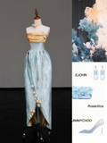 Gorgeous A Line Strapless Satin Blue Long Prom Dresses Graduation Dresses HZ1121