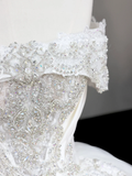 Classy Elegant Ball Gown Off The Shoulder Sequin White Short Sleeves Wedding Dress Brides Dress HZ1121