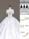 Classy Elegant Ball Gown Off The Shoulder Sequin White Short Sleeves Wedding Dress Brides Dress HZ1121