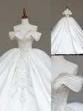 Classy Elegant Ball Gown Off The Shoulder Sequin White Short Sleeves Wedding Dress Brides Dress HZ1121