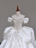 Classy Elegant Ball Gown Off The Shoulder Satin White Short Sleeves Wedding Dress Brides Dress HZ1121