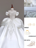 Classy Elegant Ball Gown Off The Shoulder Satin White Short Sleeves Wedding Dress Brides Dress HZ1121